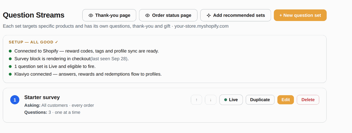 Customer Luv's setup box reading all good: connected to Shopify, survey block rendering in checkout, one question set live, Klaviyo connected