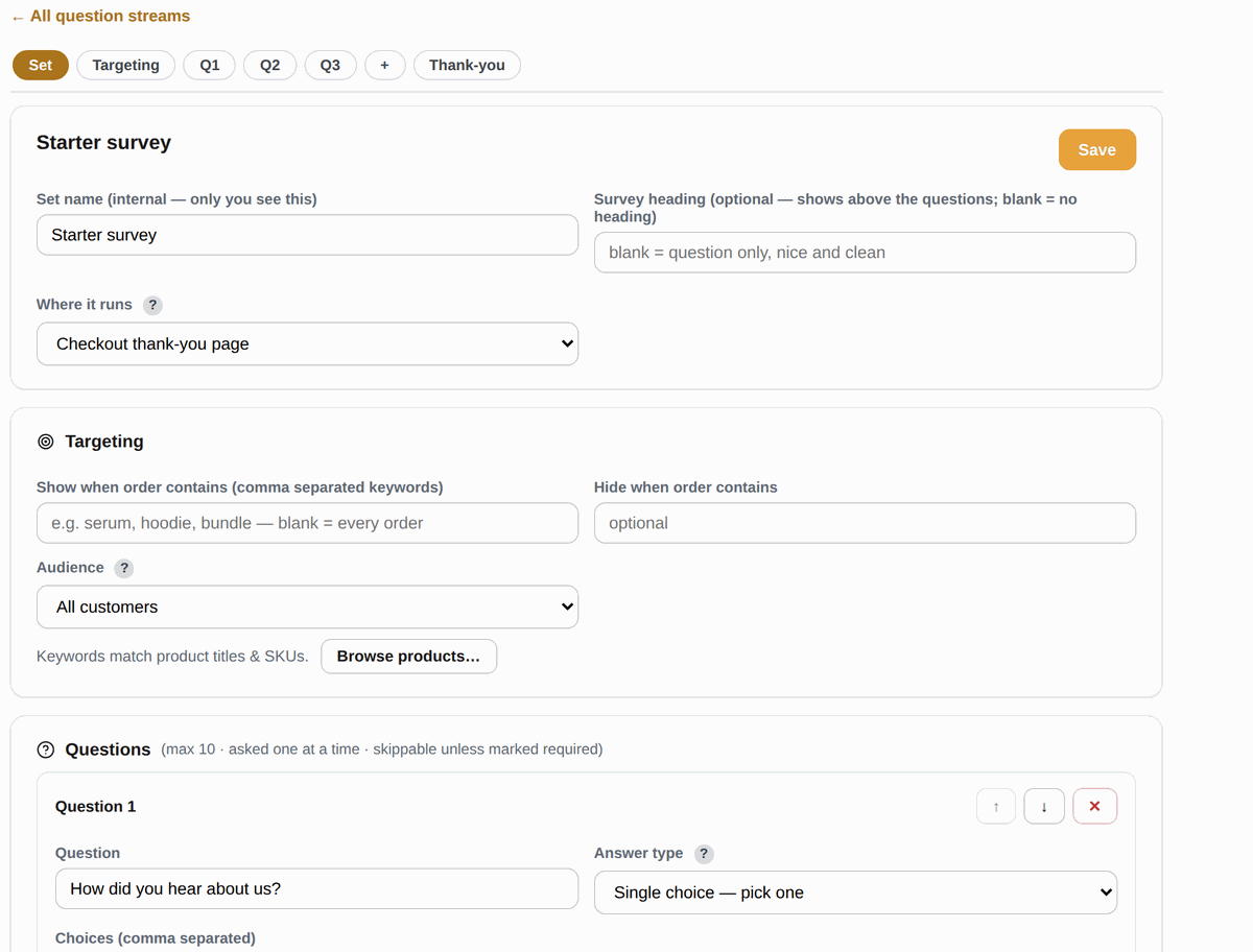 Customer Luv's question set editor showing the set name, where it runs (checkout thank-you page), targeting by product keywords and audience, and question 1: How did you hear about us? with its choices