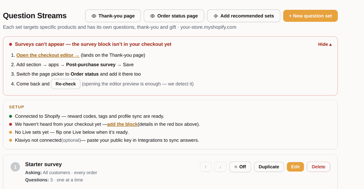 Customer Luv's Question Streams page with a red notice: the survey block isn't in your checkout yet, followed by four steps to add it and a setup checklist