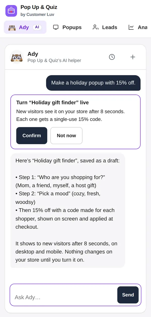 Ady in Pop Up & Quiz on a phone: a holiday gift finder saved as a draft and a Confirm card to turn it live