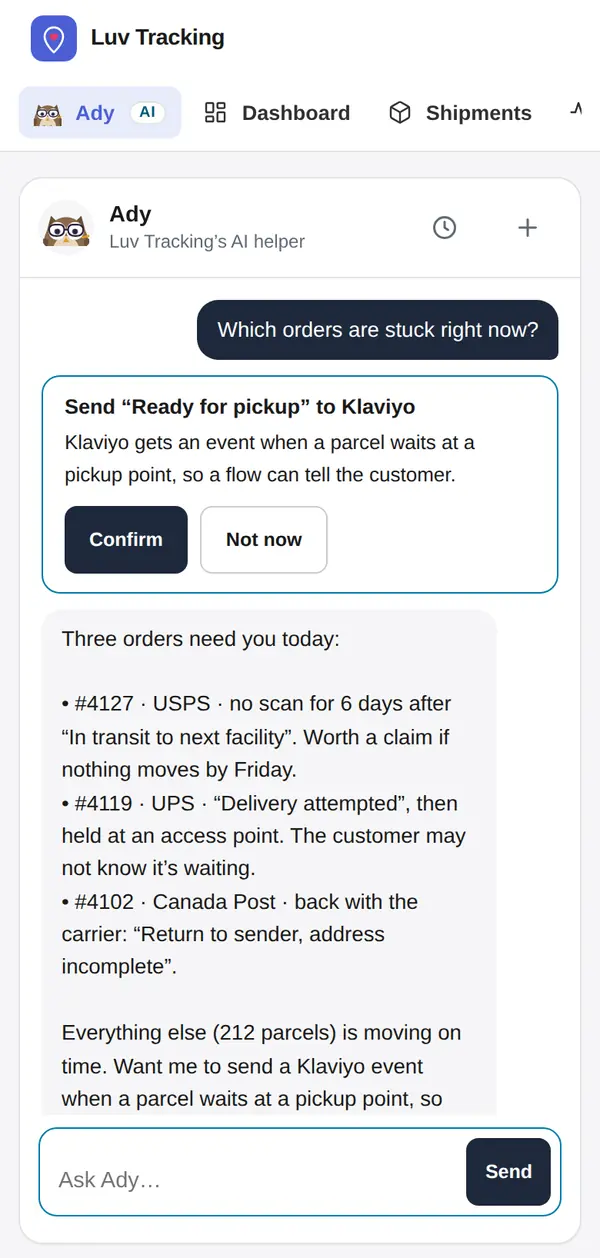 Ady in Luv Tracking on a phone: three orders that need attention and a Confirm card for a Klaviyo shipping event