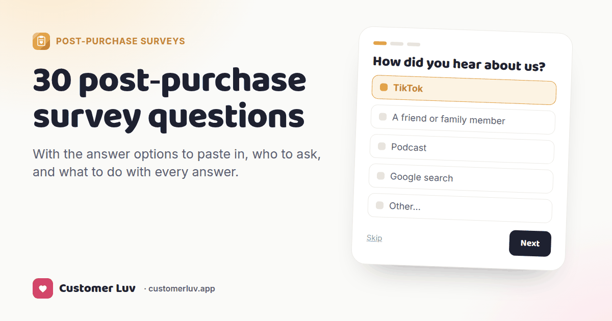 A post-purchase survey card asking "How did you hear about us?" with TikTok selected